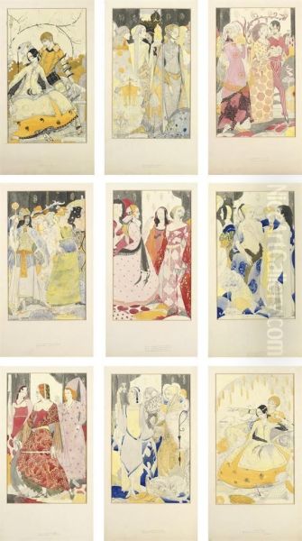 Nine Full-scale Preparatory Studies For A Series Of Stained Glass Panels, Illustrating John Millington Synge's Poem Queens Oil Painting by Harry Clarke