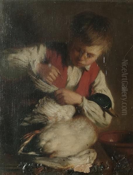 A Boy Plucking A Duck Oil Painting by Samuel Barling Clarke