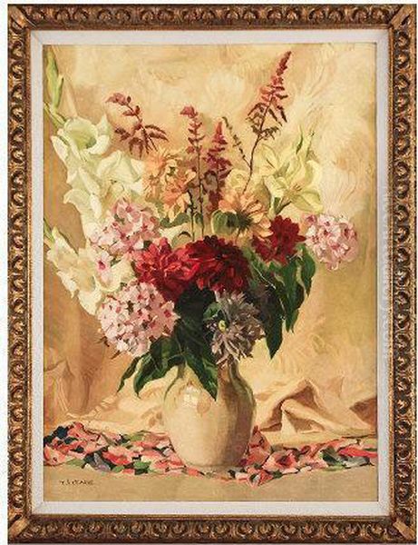 Depicting Flowers In A White Vase Oil Painting by T.A . Clarke