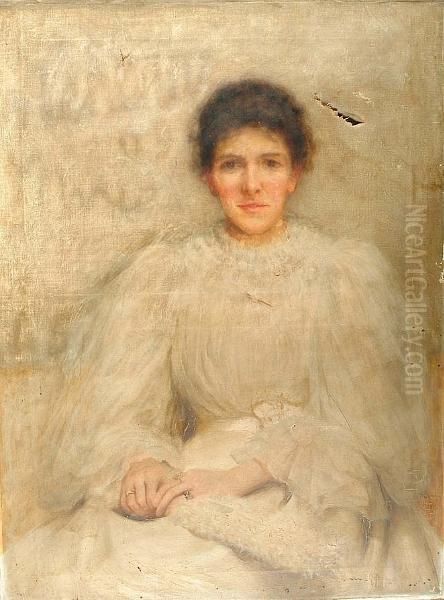 Portrait, Three Quarter Length, Of A Seated Lady Wearing A White Dress, Holding A Fan Oil Painting by Thomas Shields Clarke