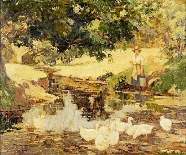 Girl With Ducks Oil Painting by William Hannah Clarke