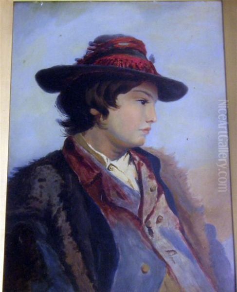 Bust-length Profile Portrait Ofa Young Man Wearing A Hat And Fur Trimmed Coat Oil Painting by Robert Clarkson