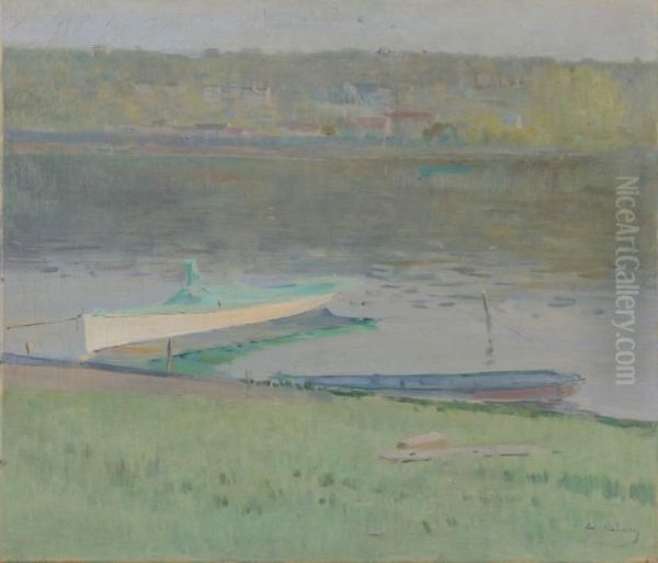 Les Barques, Sur La Seine En Amont De Rouen Oil Painting by Jean Eugene Clary