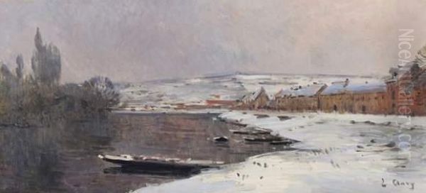 Bord De Riviere Sous La Neige Oil Painting by Jean Eugene Clary