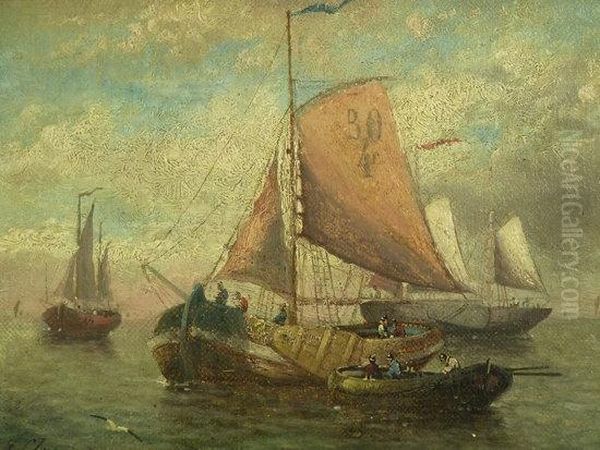 Fishing Vessels In Calm Water Oil Painting by H. Classens