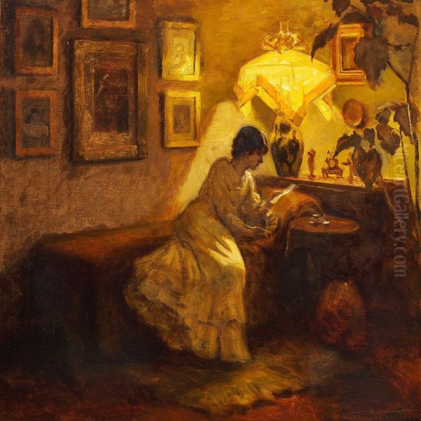 Young Girl Reading By Lamp Light Oil Painting by Christian Clausen