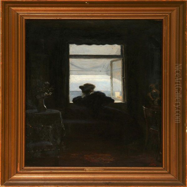 Interior With Awoman Who Looks Out The Window Oil Painting by Christian Clausen