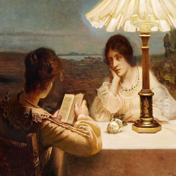 Interior With Twowomen At A Table By Lamp Light Oil Painting by Christian Clausen