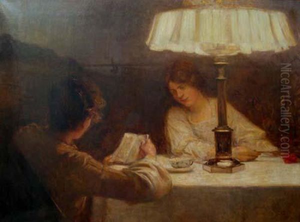 Two Women Reading Oil Painting by Christian Clausen