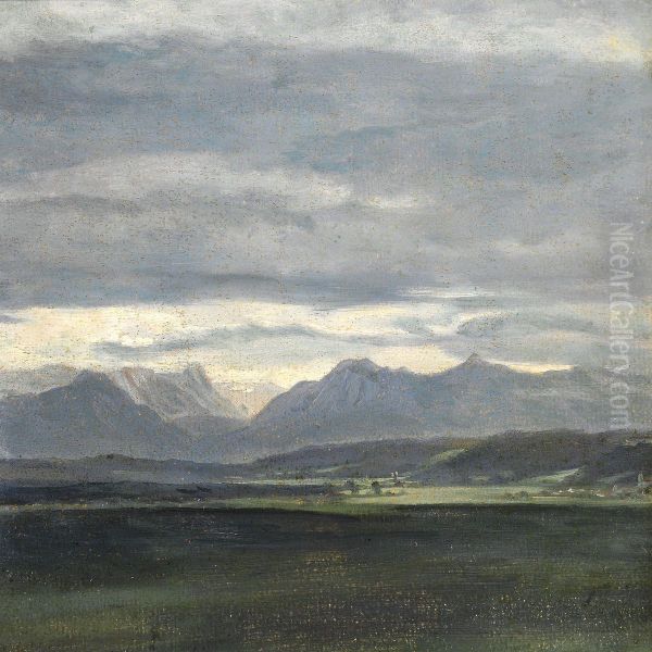 Study Of A Landscape With Powder Blue Sky Over Mountains Oil Painting by Johan Christian Clausen Dahl