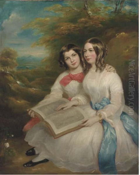 Portrait Of Rebecca And Gertrude Bates, Seated Full-length, Inwhite Dresses, With An Album Of Drawings On Their Laps, In A Woodedlandscape Oil Painting by Marshall Claxton