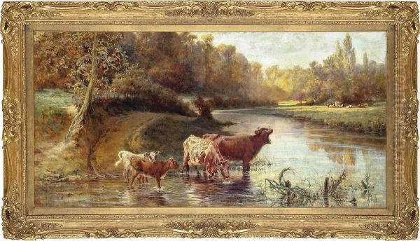 Cattle Watering In A Stream Oil Painting by Alice O. Clay