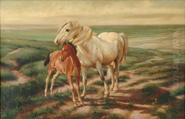 Horse And Foalupon A Moor Oil Painting by Mary F.R. Clay