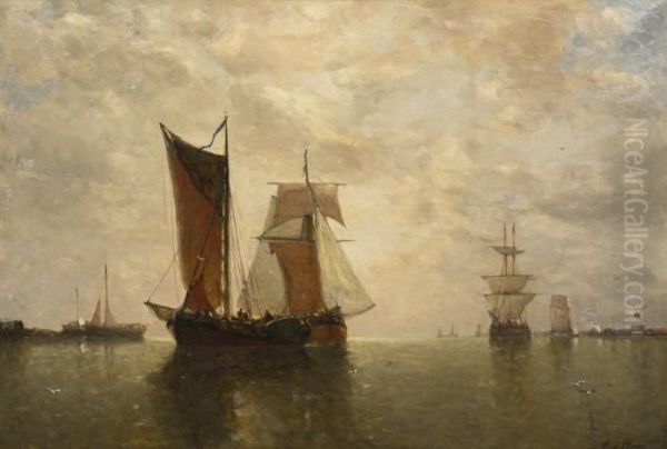 Ships At Harbor Oil Painting by Paul-Jean Clays