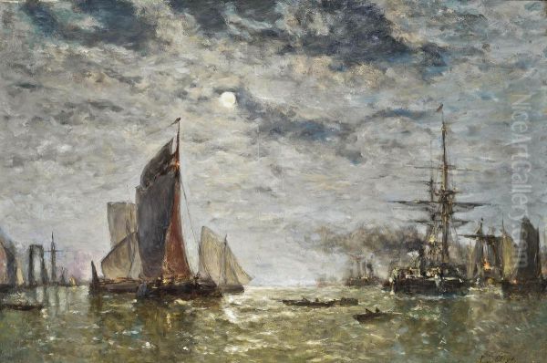 Vessels Moored Under The Moon Oil Painting by Paul-Jean Clays