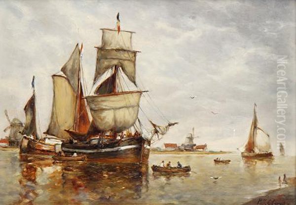 Boats In An Estuary Oil Painting by Paul-Jean Clays