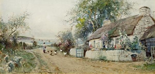 Girl Feeding Chickens Before A Cottage, Colby, Isle Of Man Oil Painting by Joseph Hughes Clayton