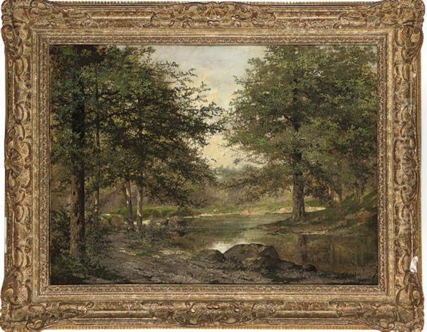 A Woodland Pool Oil Painting by Samuel Marie Cledat De Lavignerie