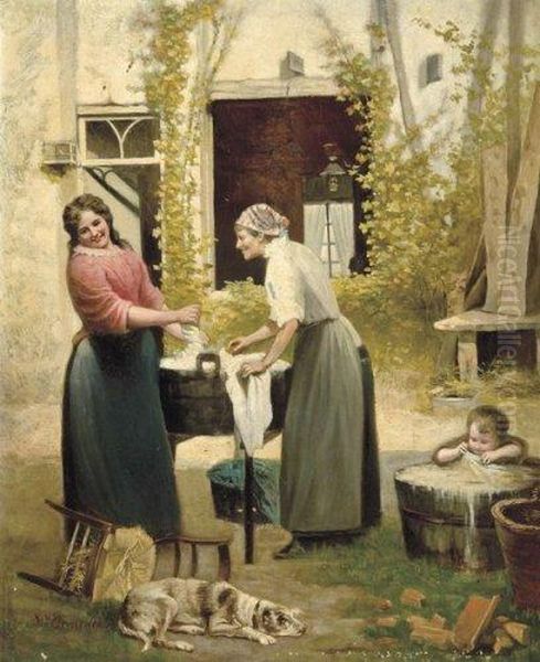 Lavandieres Au Jardin Oil Painting by Henry Cleenewerck