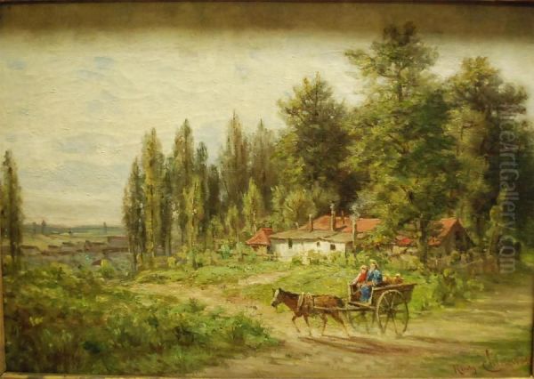 Chariot Attele Sur Fond De Paysage Oil Painting by Henry Cleenewerck