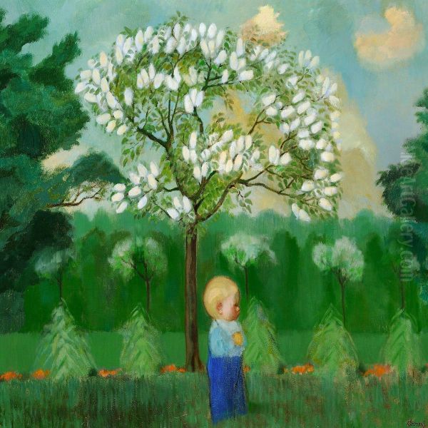 A Boy Standing Under A Tree Oil Painting by Curt Clemens