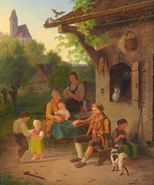 Abendliche Familienidylle Vor Dem Haus Oil Painting by Anton Clemens Evers