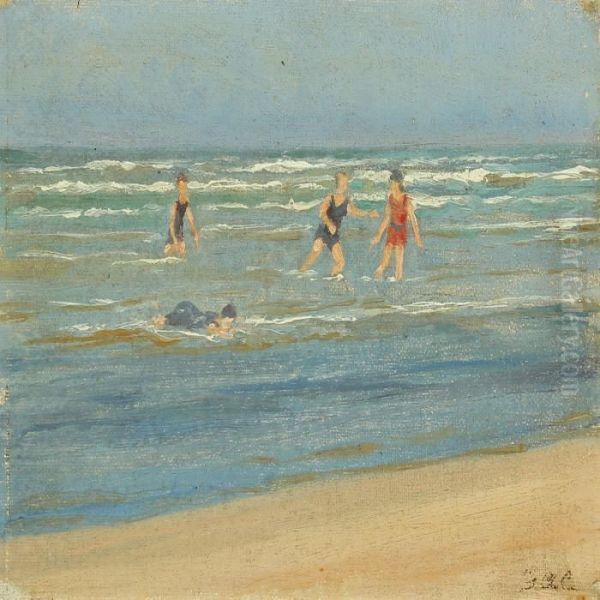 Beach With Bathers Oil Painting by Gustaf Adolf Clemens