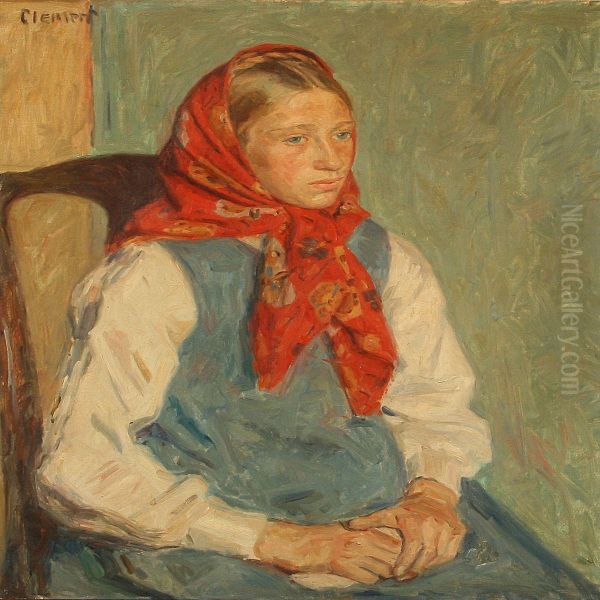 A Girl With Red Head Scarf Oil Painting by Gad Frederik Clement