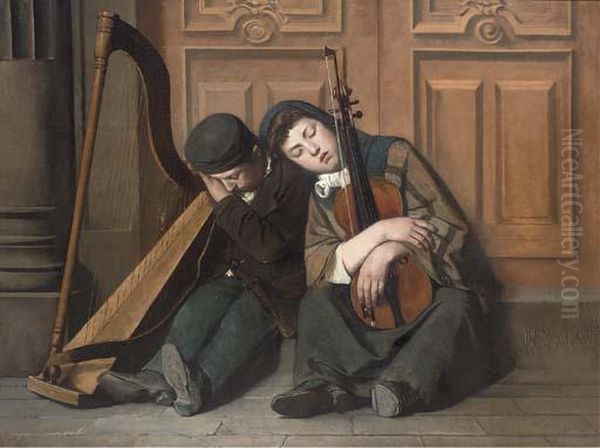 The Slumbering Street Musicians Oil Painting by P. Clement