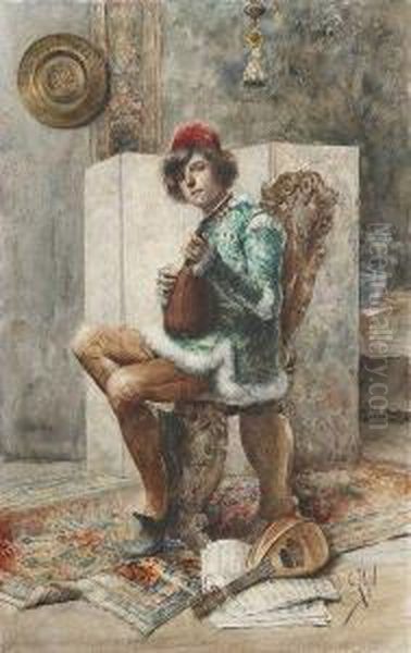 Jeune Page A La Mandoline Oil Painting by Clement Pujol de Gustavino