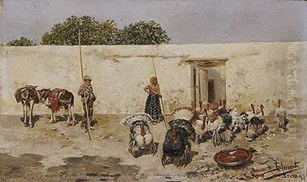 Ninos Con Burros Y Pavos Oil Painting by Salvador Clemente Y Perez