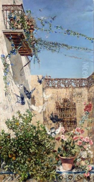 Balcon De Sevilla (a Sevillian Balcony) Oil Painting by Salvador Clemente Y Perez