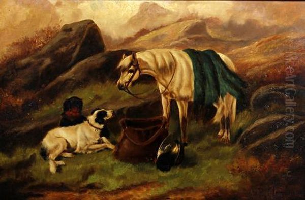 Hounds And Horse With The Days Bag, And Another Similar Oil Painting by Robert Cleminson