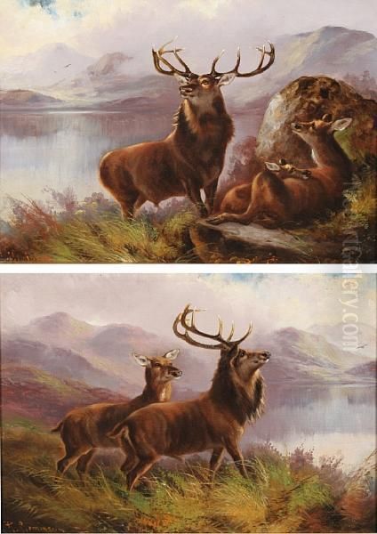 Monarch Of The Glen; Stag And Hind Oil Painting by Robert Cleminson