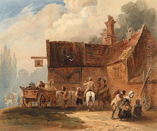 Figures And A Waggon Outside The Bell Inn Oil Painting by Luke Clennell