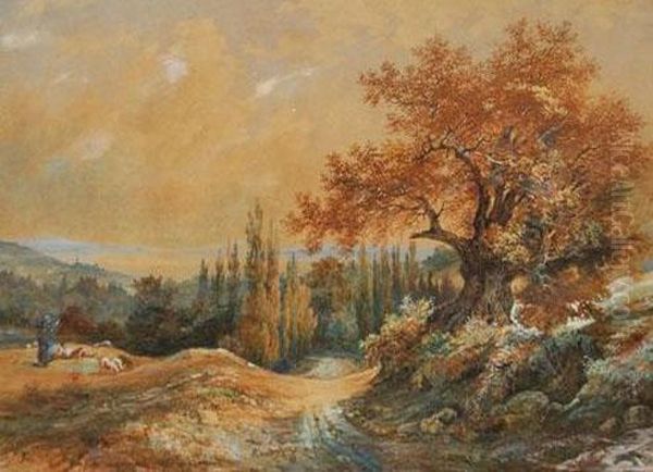 Berger Et Bergere Filant En Automne Oil Painting by Adele Clerget