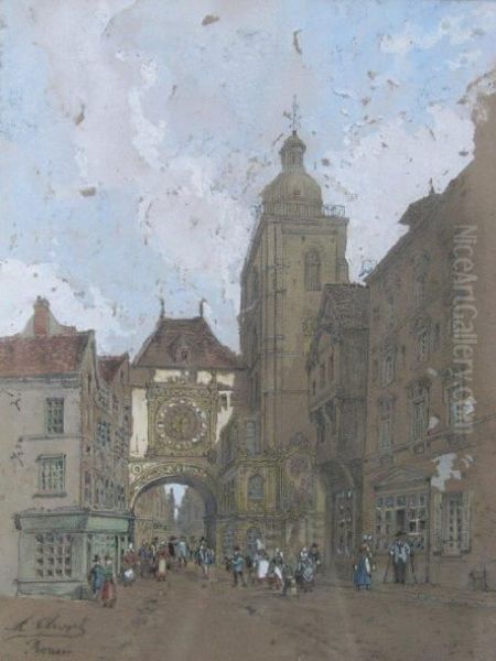 Le Gros Horloge A Rouen Oil Painting by Hubert Clerget