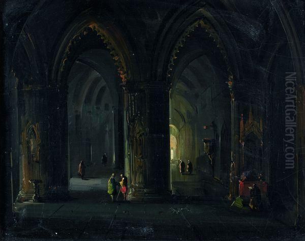  Interieur D'eglise Animee De Personnage  Oil Painting by Noel Thomas Joseph Clerian