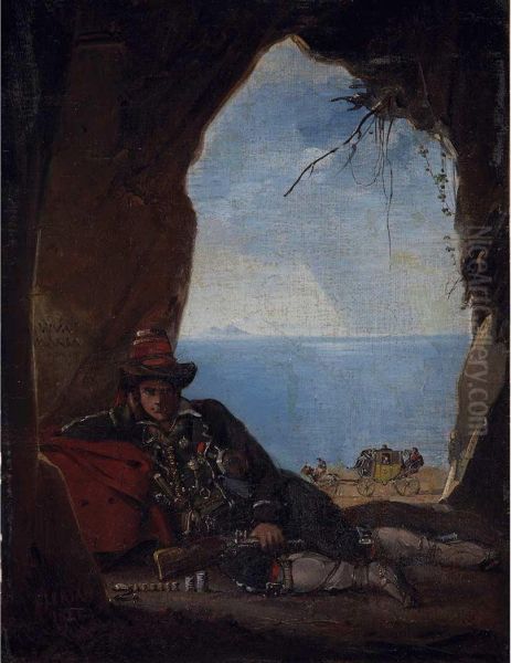 A Bandit In A Cave Near The Seashore Oil Painting by Noel Thomas Joseph Clerian