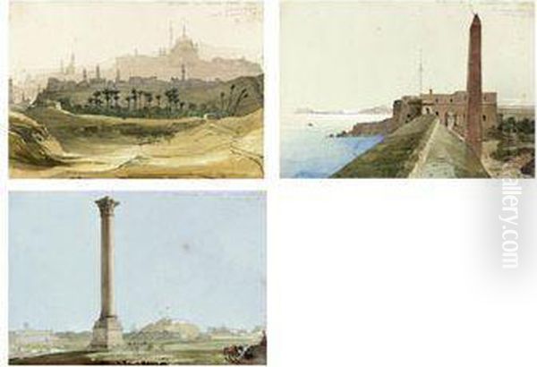 The Citadel Of Cairo From The Environs; Cleopatra's Needle,alexandria; And Pompey's Pillar, Alexandria Oil Painting by William Clerihew