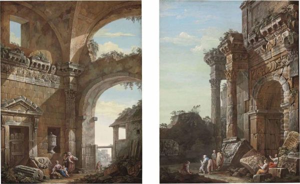 Two Architectural Capricci With Peasants, Musicians Oil Painting by Charles Louis Clerisseau