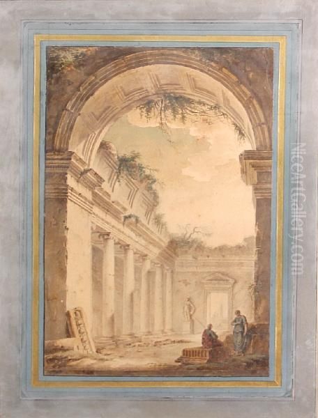 Figures Among Roman Ruins Oil Painting by Charles Louis Clerisseau