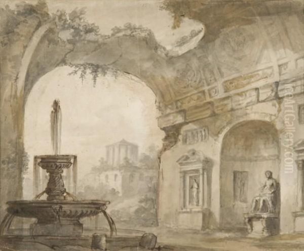 Interieur De Temple En Ruines Avec Une Vasque Oil Painting by Charles Louis Clerisseau