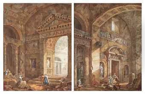 Interiors Of A Roman Basilica With Figures Oil Painting by Charles Louis Clerisseau