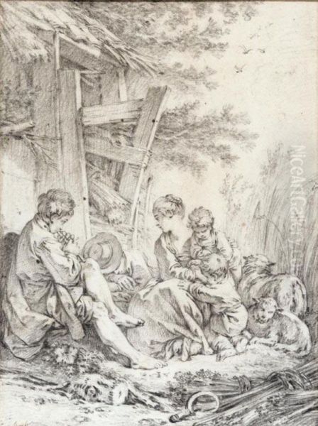 A Pastoral Scene With A Shepherd Playing A Pipe To A Young Mother, Her Children And A Sleeping Boy Oil Painting by Jean-Francois, Ganif Clermont