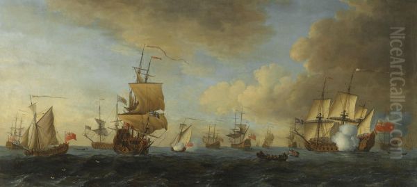 An English Frigate Under Sail Firing A Gun, With Shipping At Anchor And Under Sail Oil Painting by John the Younger Cleveley