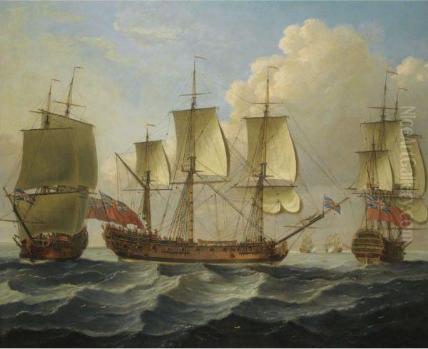 An East Indiaman In Three Positions Oil Painting by John the Younger Cleveley