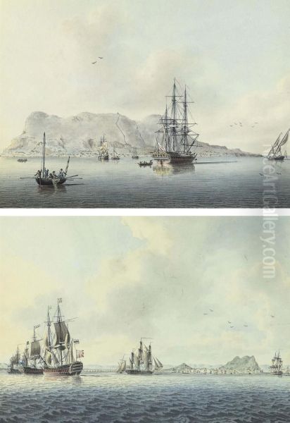 A Royal Navy Frigate Anchored Off Gibraltar Oil Painting by John the Younger Cleveley