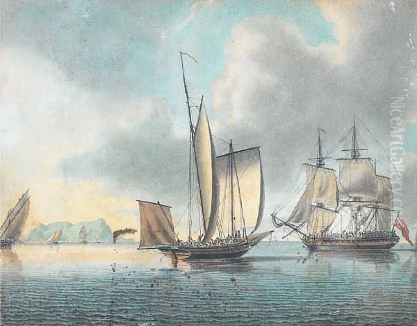 A Three-masted Naval Lugger Approaching An English Frigate Off Gibraltar Oil Painting by John the Younger Cleveley