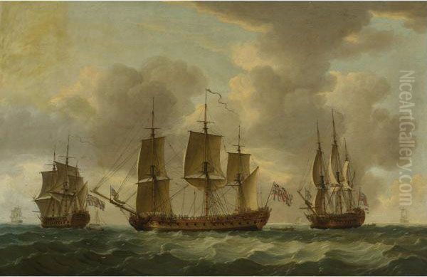 The Frigate H.m.s. Pallas In Three Positions Oil Painting by John the Younger Cleveley